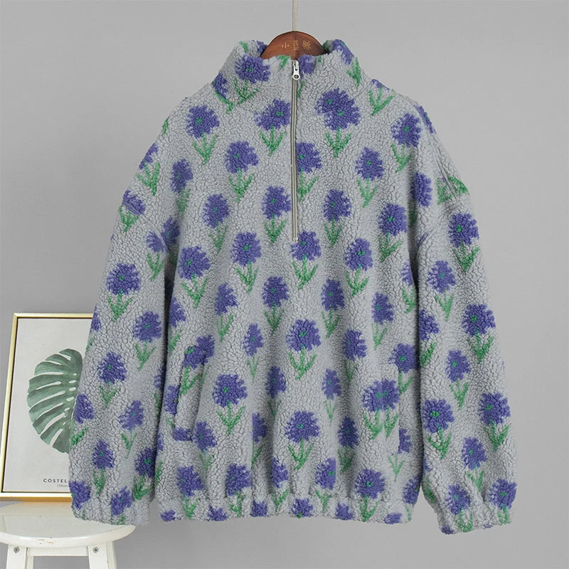 Fleece Printing Sweatshirt Women's Half-Zip Sweatshirt Fleece Loose Turtleneck pullover Female Winter Leisure Sweatshirt 2026