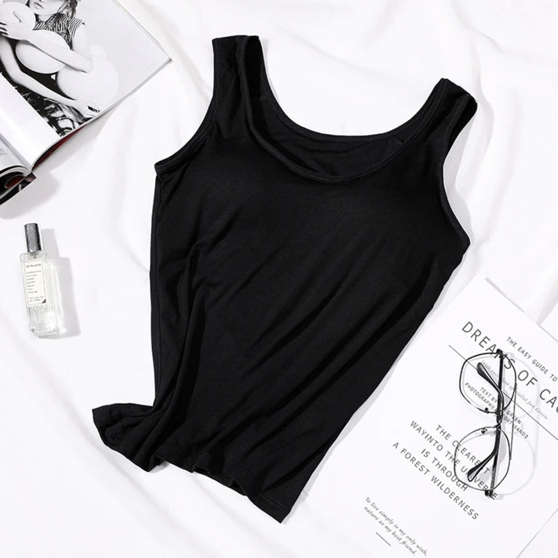 2023 Women'S Vest Tops With Built In Bra Neck Vest Padded Slim Fit Tank Tops Sexy Shirts Feminino Casual Solid Tank Tops