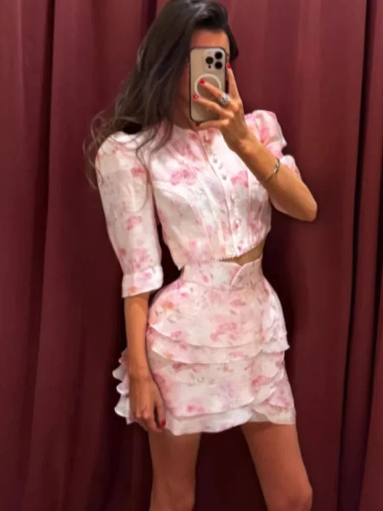 Chic Ruffle Print Slim Short Dress Women Chic Patchwork Flared sleeves V-neck Pleated Dresses 2026 Lady Summer Casual Vestido