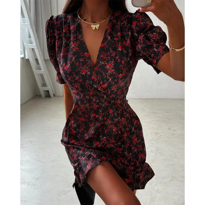 Chic Ruffle Print Slim Short Dress Women Chic Patchwork Flared sleeves V-neck Pleated Dresses 2026 Lady Summer Casual Vestido