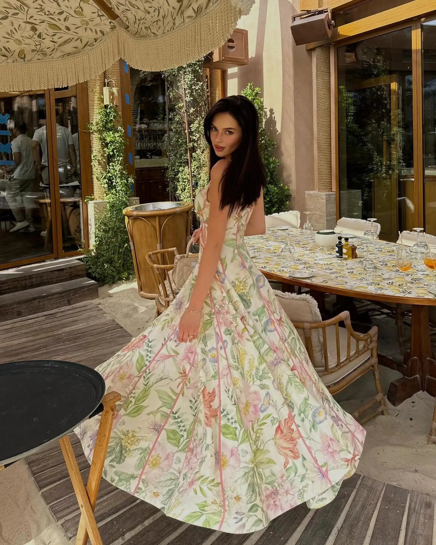 Printed Sleeveless Halter Long Dress Women Chic Waist Cinching A-line Sling Slim Fit Dresses Lady Spring Summer Vacation Gown