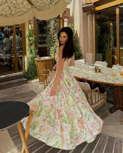 Printed Sleeveless Halter Long Dress Women Chic Waist Cinching A-line Sling Slim Fit Dresses Lady Spring Summer Vacation Gown