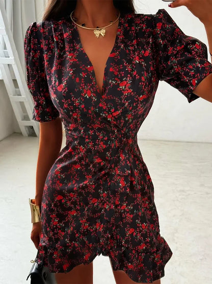 Chic Ruffle Print Slim Short Dress Women Chic Patchwork Flared sleeves V-neck Pleated Dresses 2026 Lady Summer Casual Vestido