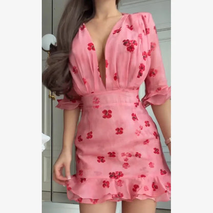 Chic Ruffle Print Slim Short Dress Women Chic Patchwork Flared sleeves V-neck Pleated Dresses 2026 Lady Summer Casual Vestido