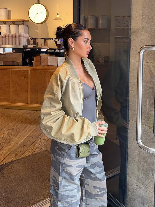 Fashion Short Bomber Jacket Women Casual Long Sleeve Round Neck  Zipper Loose Cropped Jackets 2026 Lady Spring Street Outerwear