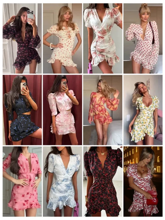 Chic Ruffle Print Slim Short Dress Women Chic Patchwork Flared sleeves V-neck Pleated Dresses 2026 Lady Summer Casual Vestido