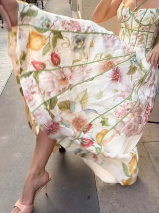 Printed Sleeveless Halter Long Dress Women Chic Waist Cinching A-line Sling Slim Fit Dresses Lady Spring Summer Vacation Gown