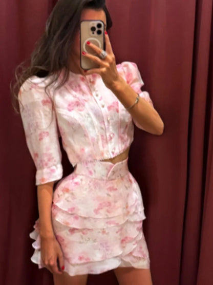 Chic Ruffle Print Slim Short Dress Women Chic Patchwork Flared sleeves V-neck Pleated Dresses 2026 Lady Summer Casual Vestido