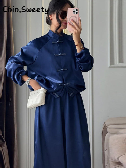 Casual Women's Satin Frog Buttons Jacket Pants Sets Stand Collar Long Sleeve Jackets Loose Lantern Pant 2026 Spring Fashion Suit