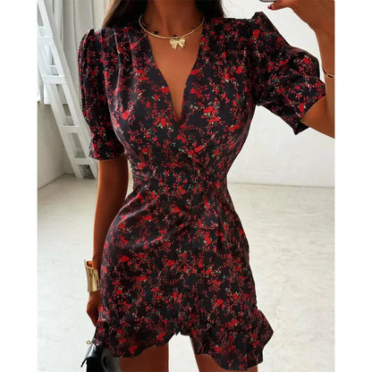 Chic Ruffle Print Slim Short Dress Women Chic Patchwork Flared sleeves V-neck Pleated Dresses 2026 Lady Summer Casual Vestido