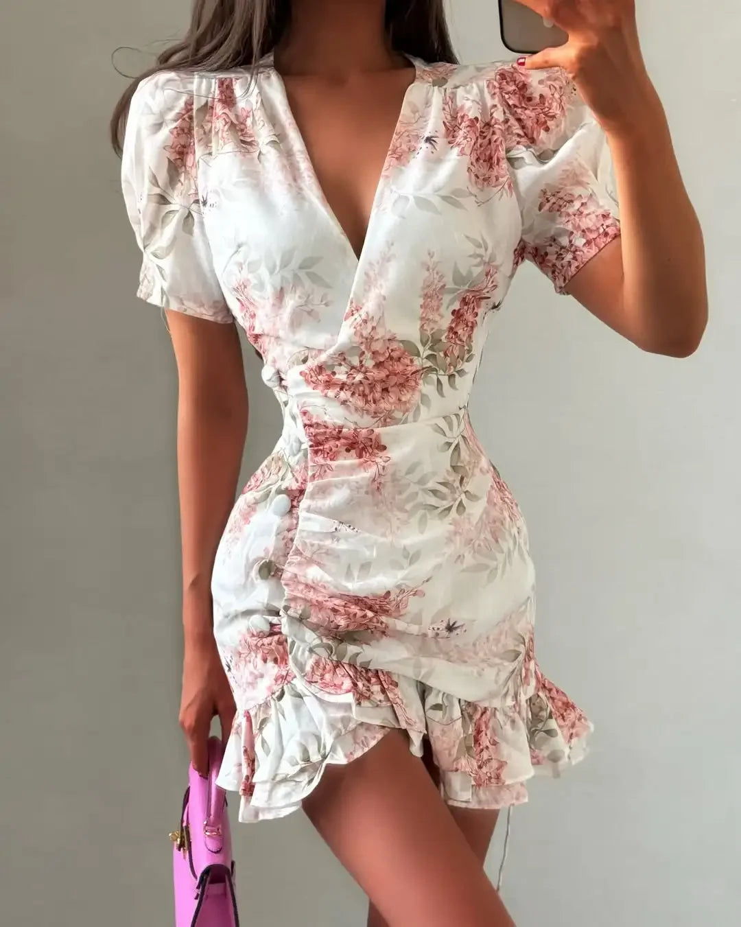 Chic Ruffle Print Slim Short Dress Women Chic Patchwork Flared sleeves V-neck Pleated Dresses 2026 Lady Summer Casual Vestido