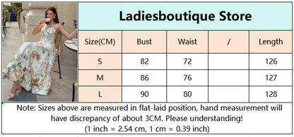 Printed Sleeveless Halter Long Dress Women Chic Waist Cinching A-line Sling Slim Fit Dresses Lady Spring Summer Vacation Gown